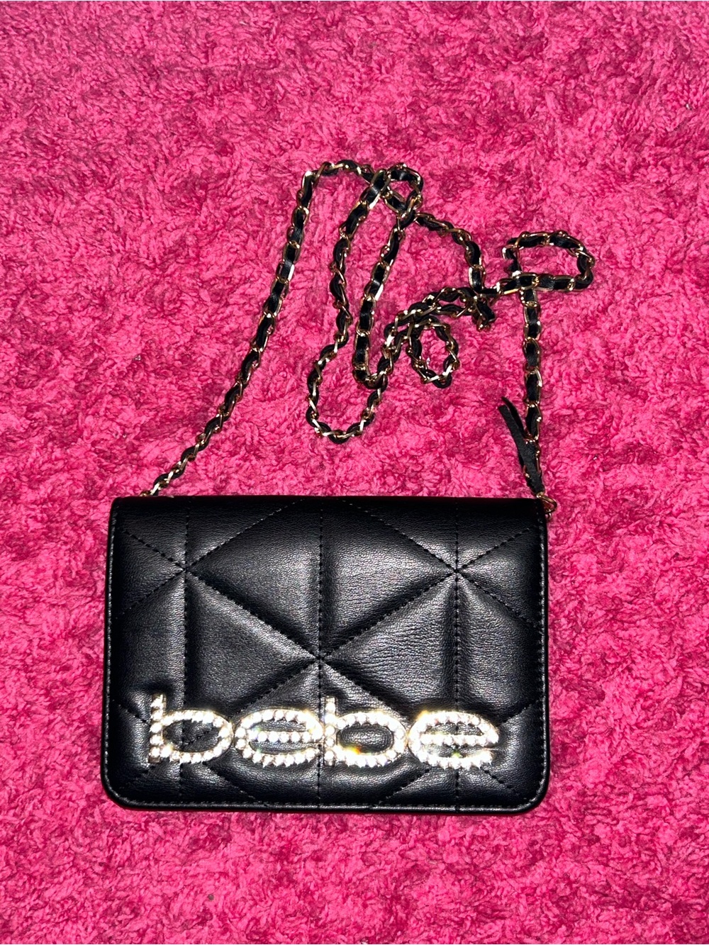 bebe Black Quilted Crossbody with Gold Chain and Logo